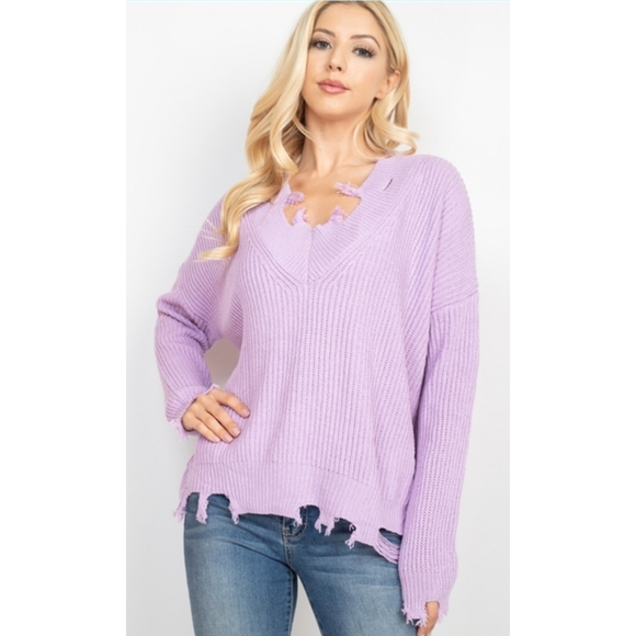 5⭐ Lavender v-neck raw distressed hem thick ribbed knit pullover sweater - Picture 3 of 9